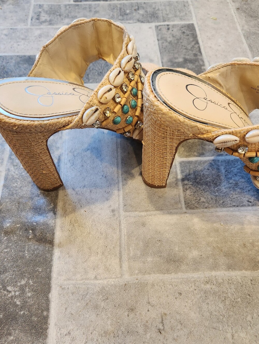 Jessica SIMPSON Beaded Shell Embellished Woven Slide Sandals - Natural - Picture 2 of 5